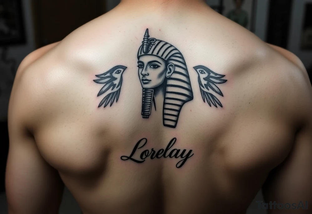 Crea un diseño significativo sobre la cultura egipcia y que tenga el nombre escrito por de bajo del diseño el nombre de mi hermana Lorelay para la parte baja del bíceps tattoo idea