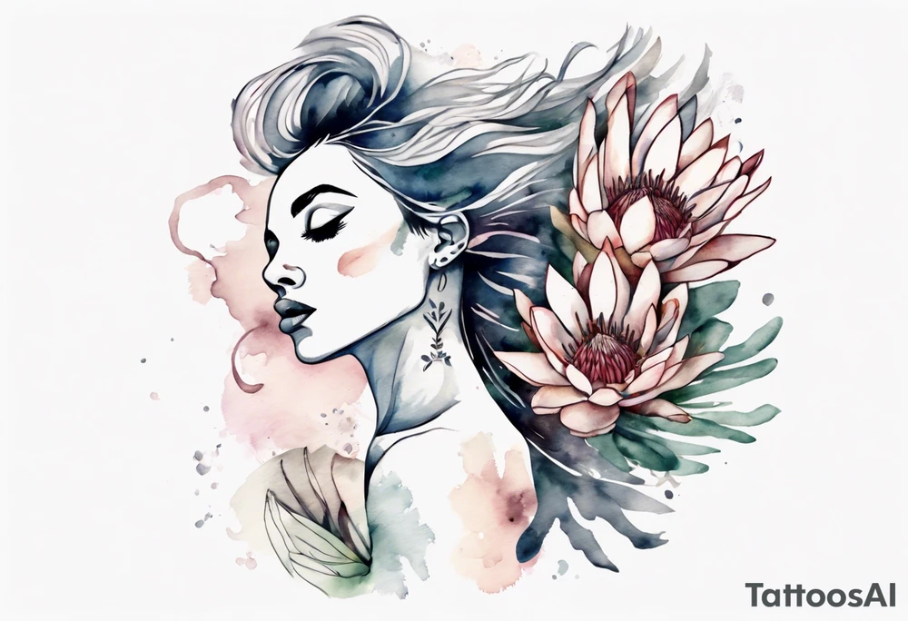 Very feminine tattoo with a woman dancing in a wind of protea flowers tattoo idea