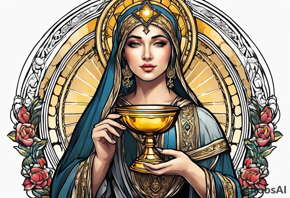 woman saint holding chalice surrounded by golden halo tattoo idea