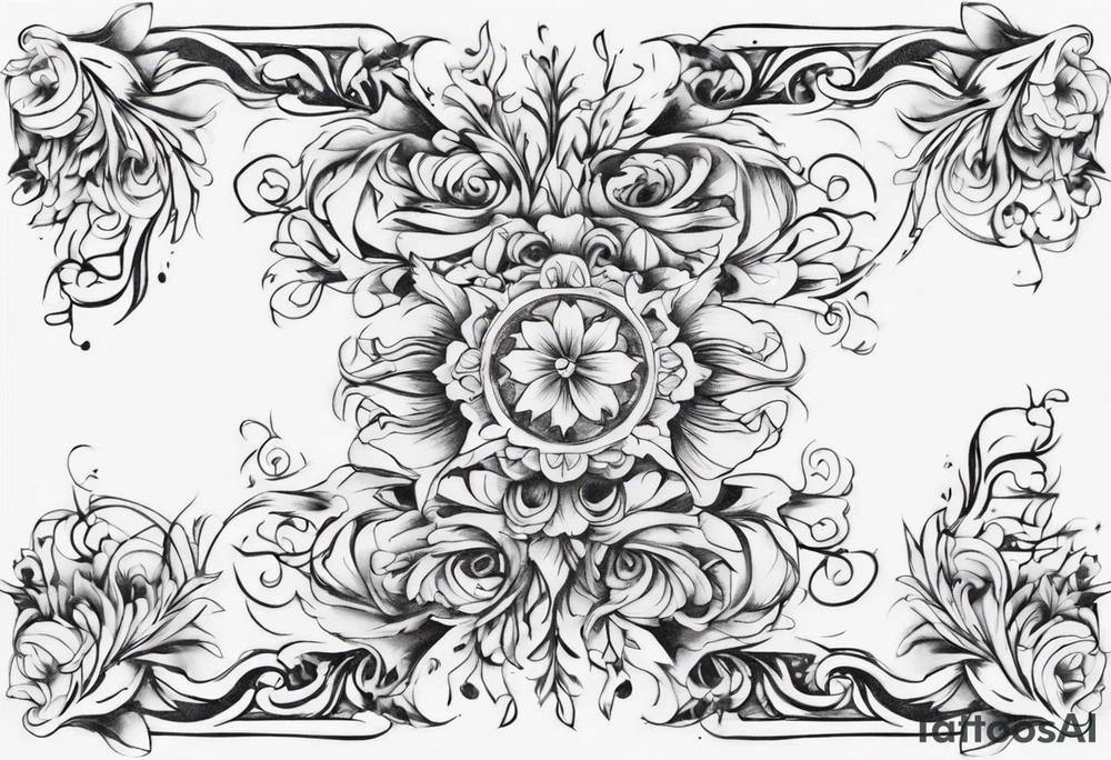 Black and white floral and ornamental style tattoo which will wrap around ankle horizontally tattoo idea