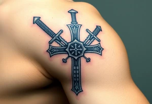 A Templar cross with two crossed longswords behind it, detailed with intricate hilt engravings tattoo idea