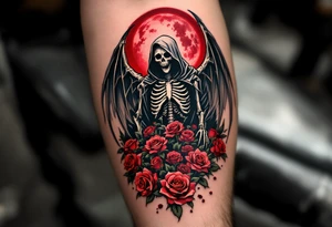 A grim reaper with skeletal wings, standing in a field of dying roses under a blood-red moon. tattoo idea