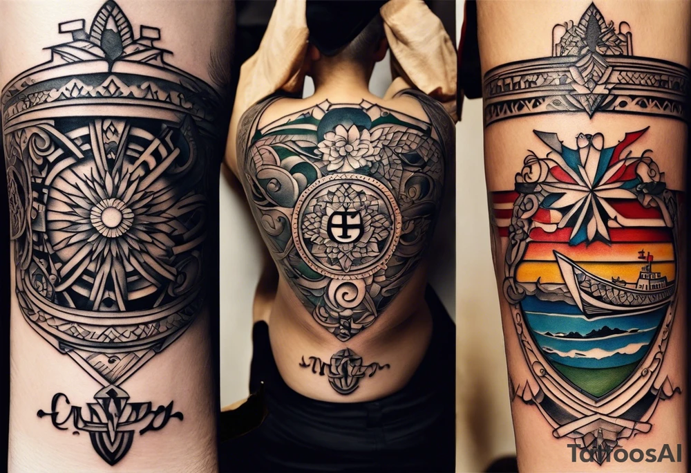 Create a tattoo design that symbolizes the connection between a family spread across Portugal and Germany, with a central figure who travels between the two. Incorporate elements representing both countries' cultures and landmarks, linked by a path or journey motif. The design should evoke feelings of unity, distance, and the bond of family. tattoo idea