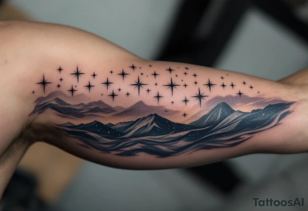 This tattoo combines “Through hardships to the stars” with silver star trails over a midnight blue sky on the upper arm. tattoo idea