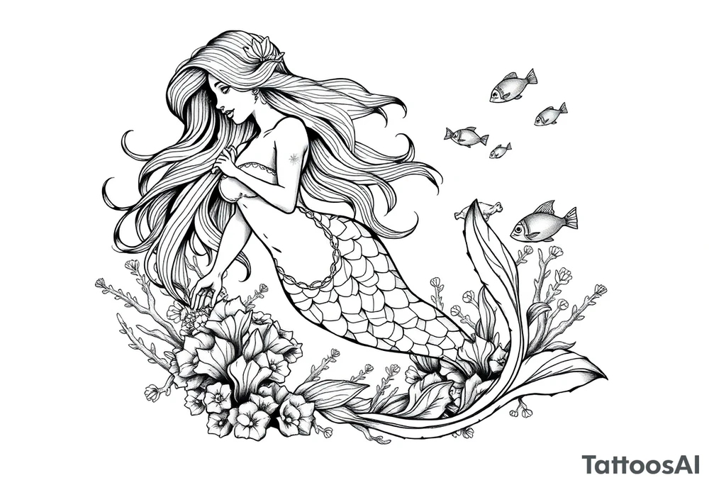 ethereal mermaid with flowing hair among coral reef and small fish tattoo idea
