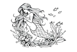 ethereal mermaid with flowing hair among coral reef and small fish tattoo idea