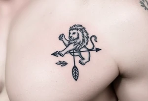 make me a  a Leo zodiac sign picture with an arrow coming out down and two sides surrounded by an olive tree leaf tattoo idea