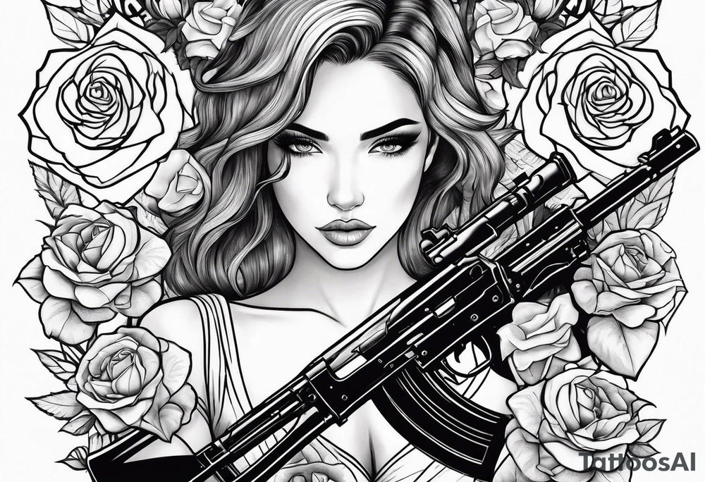 Beautiful woman angle holding a AK 47 surrounded by roses tattoo idea