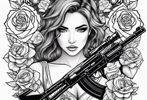 Beautiful woman angle holding a AK 47 surrounded by roses tattoo idea