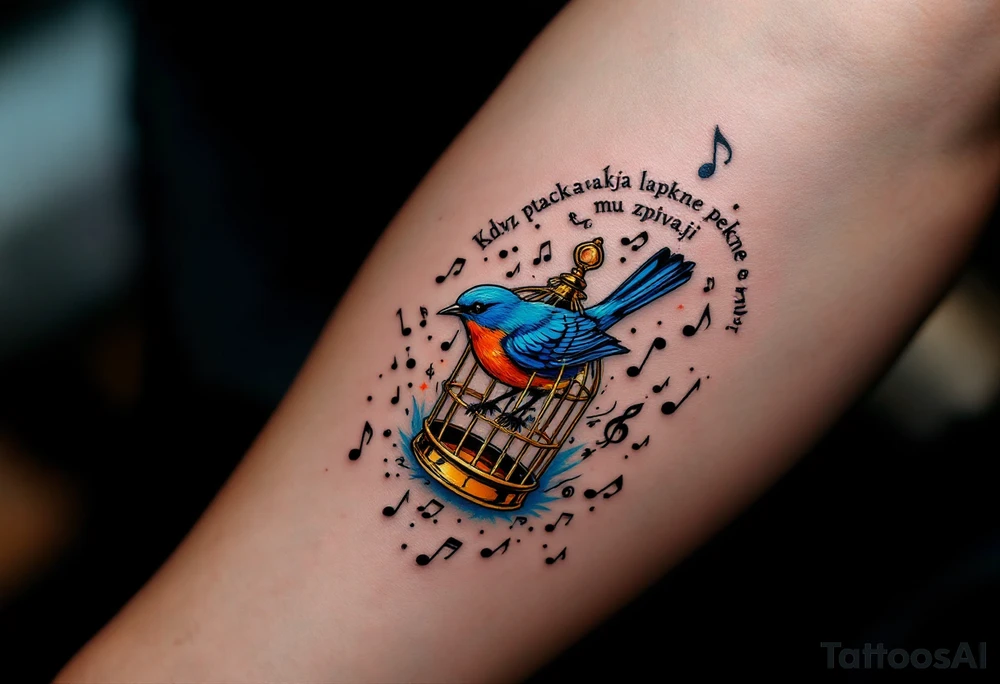 "Kdyz ptacka lapaji, pekne mu zpivaji." — A bluebird in a gilded cage made of musical notes, with the proverb arched in fine black ink above. tattoo idea