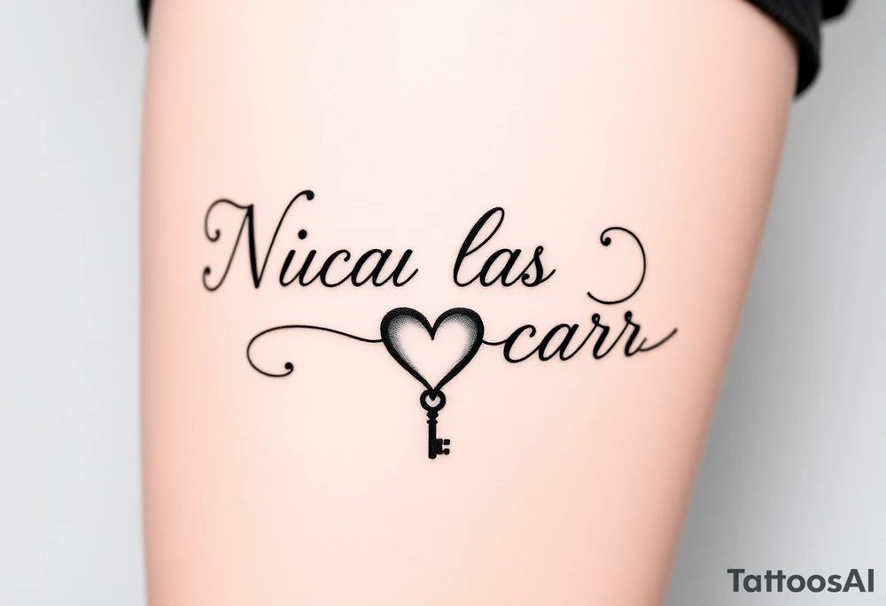 N I c h o l a s C a r r . Cursive font writing with creative swirls running with the letters spelling With a fancy heart and key in it at the end. tattoo idea