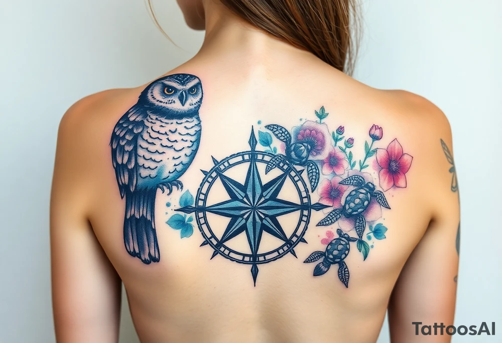 Full back owl on left shoulder flowers on right 3 turtles down spine use antique compass rose overlaid everywhere else tattoo idea