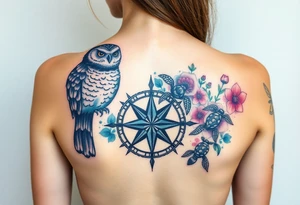Full back owl on left shoulder flowers on right 3 turtles down spine use antique compass rose overlaid everywhere else tattoo idea