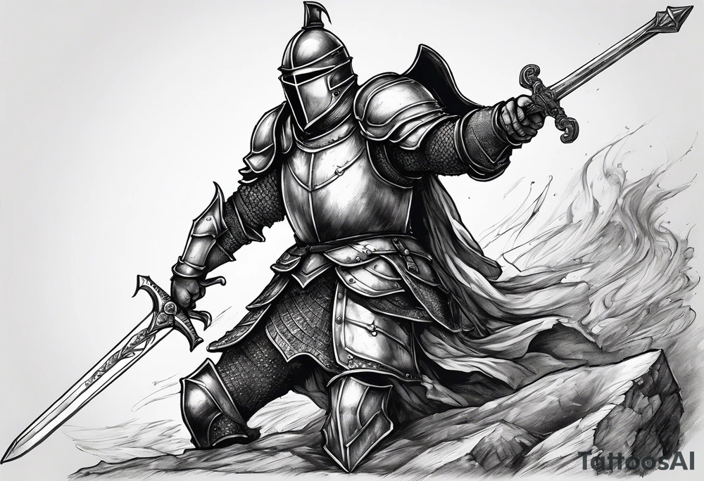 A knight in full armor except the helmet on the brink of death propping himself up with his sword on a seemingly bleak battlefield while still looking up with hope tattoo idea