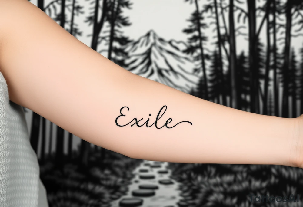 A path in the woods with mountains in the background. The word "Exile" blended in the drawing with font  IM Fell DW Pica Italic tattoo idea