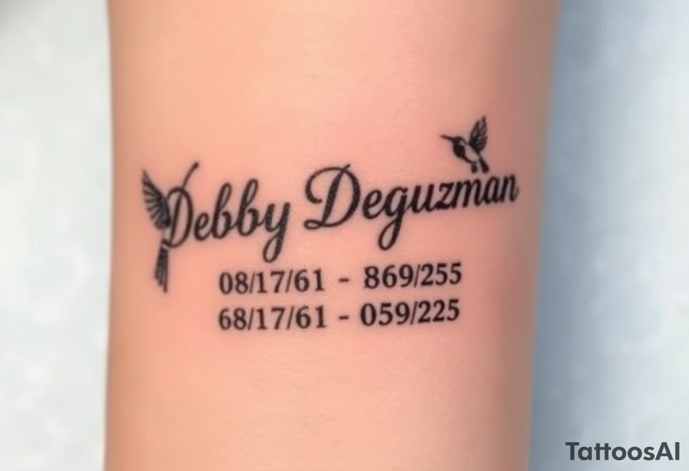 Tattoo of the exact name Debby Deguzman in chunky curly cursive with the exact dates of 08/17/61-05/29/25 surrounded by 1 hummingbird and 1 rose tattoo idea