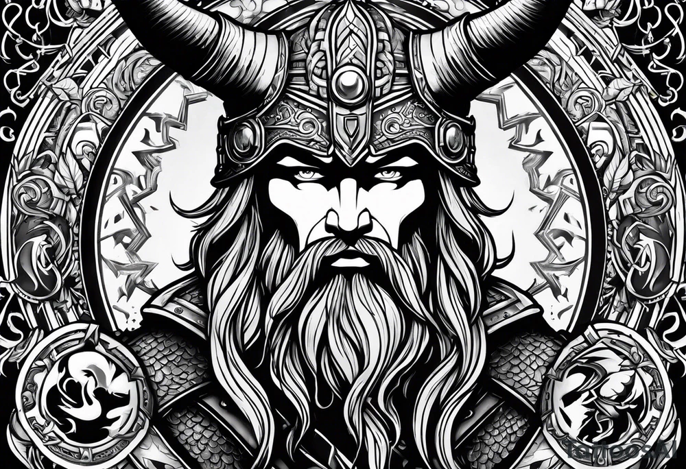 Odins face with a helmet on that has horns, lightning running through it, and other Norse mythological objects in around tattoo idea