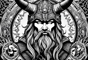 Odins face with a helmet on that has horns, lightning running through it, and other Norse mythological objects in around tattoo idea