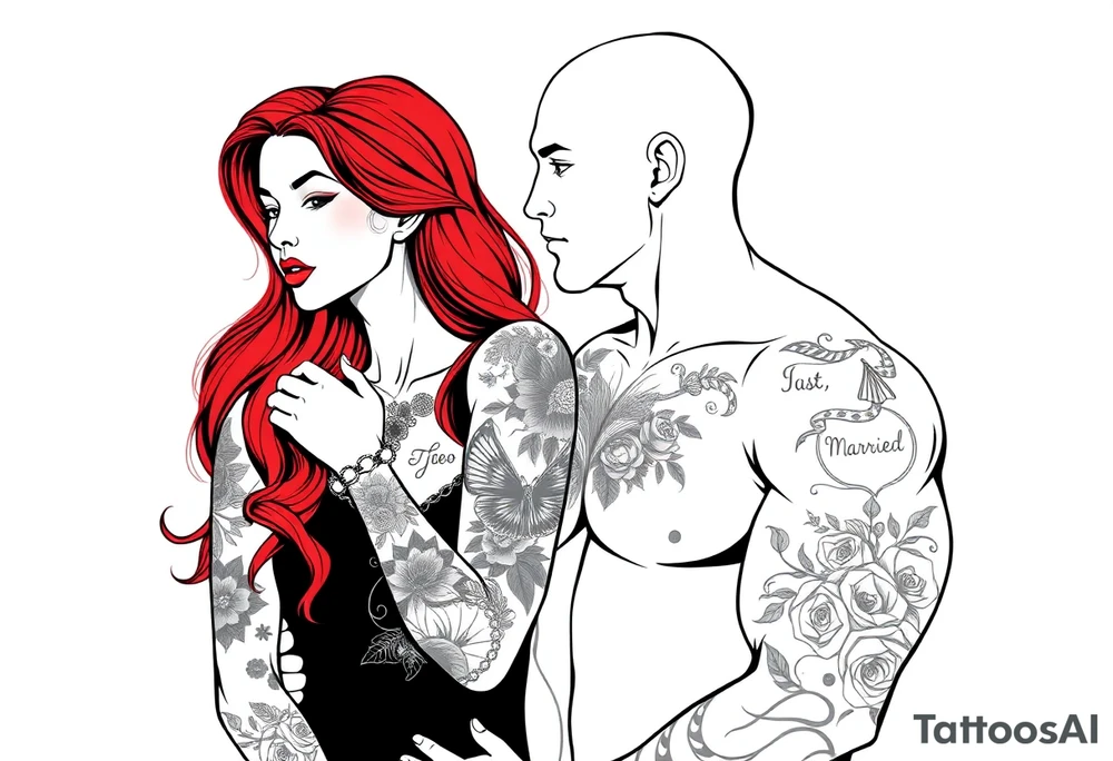 Woman with long red hair and red lipstick with lots of tattoos with  a bald muscular white man with tattoos getting married tattoo idea