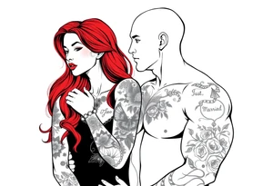 Woman with long red hair and red lipstick with lots of tattoos with  a bald muscular white man with tattoos getting married tattoo idea