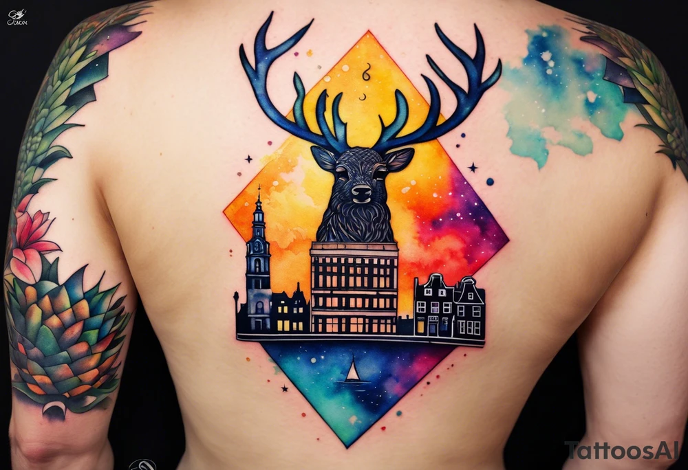 watercolour tattoo, stag in shape of pineapple, Amsterdam, Amsterdam buildings, Amsterdam canal, space colours, galaxy colours, pineapples tattoo idea