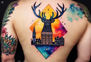watercolour tattoo, stag in shape of pineapple, Amsterdam, Amsterdam buildings, Amsterdam canal, space colours, galaxy colours, pineapples tattoo idea