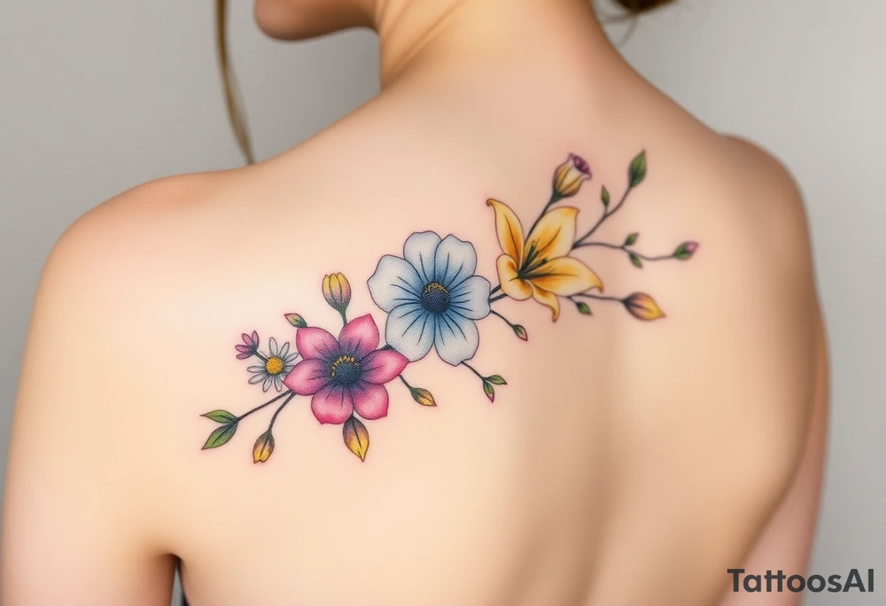 This tattoo is on a woman. It is a line of flowers connected by a single stem. It starts on her left side of the chest with a Glaiolus and Daisy together, then the tatoo rises over the left shoulder and down the arm and ends at the elbow. The tattoo will include a primroses, Calla Lilys, and Lillys. It will be light on color except in the petals and has light shading to make it pop. tattoo idea