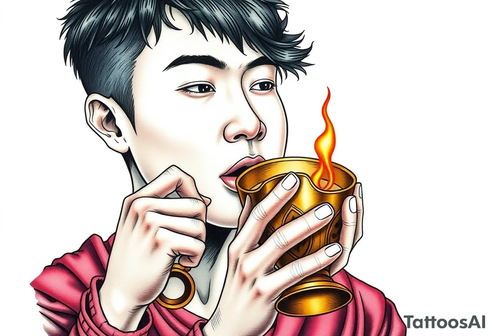 Handsome Asian young guy is drinking from medieval golden cup tattoo idea