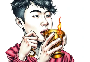 Handsome Asian young guy is drinking from medieval golden cup tattoo idea