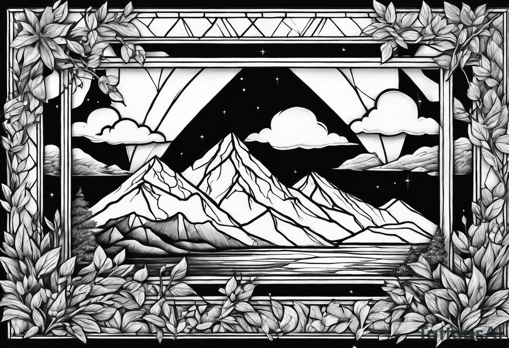 A diamond window showing 3 stars above a mountain. Waves underneath, trees to the sides tattoo idea