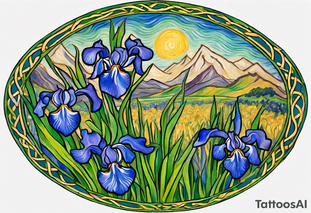 Create a condensed, thick, colorful Vincent van Gogh's Irises tattoo, with vines in Celtic knots gracefully holding mountains. The intended placement is on the upper chest. The overall design should be small in size while maintaining a delicate and artistic aesthetic. Pay attention to the graceful flow of the vines and the placement of the irises to achieve a refined and elegant look. tattoo idea