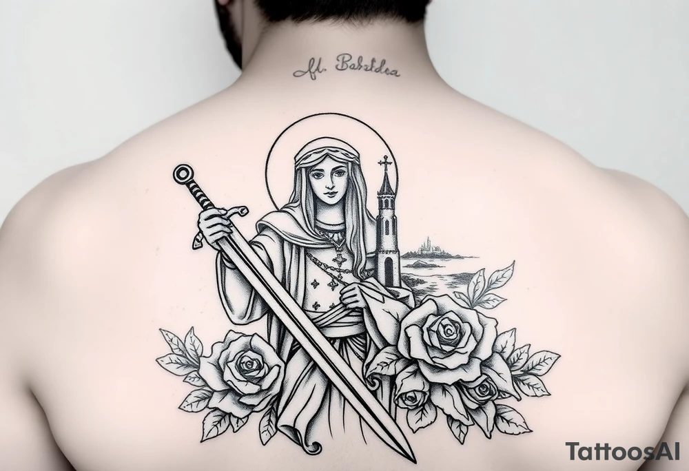 Saint Barbara carrying a sword detailed with a tower in the background, the sea, and roses tattoo idea