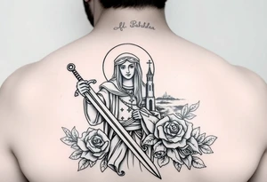 Saint Barbara carrying a sword detailed with a tower in the background, the sea, and roses tattoo idea