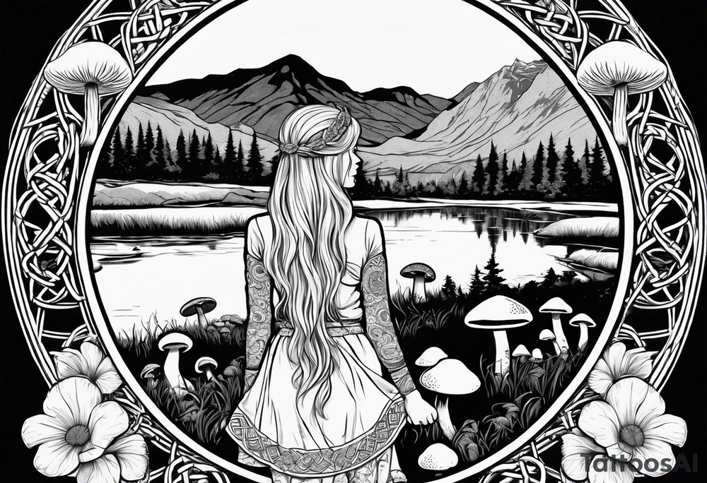 Whole picture encircled fully

Straight long blonde hair hippie girl in distance holding mushrooms in hand facing away toward mountains and creek surrounded by mushrooms long sleeve shirt and hiking pants; whole rendering within a full celtic circle border, no cut off circle tattoo idea