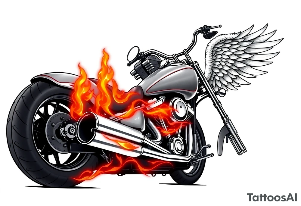 Low rider grey motorcycle, big muffler pipes with flames, angel wings, driving away, no person tattoo idea