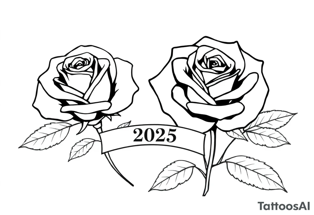 two beautiful large rose buds, one larger than the other, with many leaves next to the rose buds, with one sitting slightly higher than the other, side-by-side.  Include a banner connecting the two roses with the year 2025 on it.   Use dark outlines with little shading. No stems tattoo idea