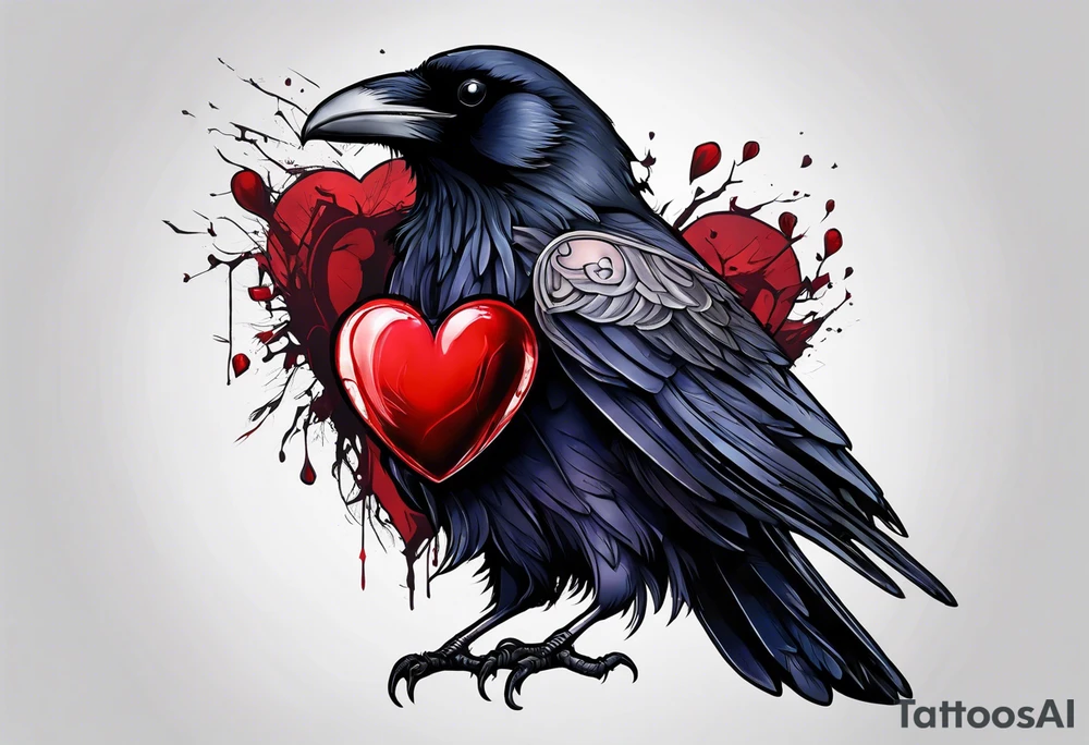 Raven with anatomical broken heart in beak tattoo idea
