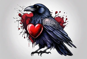 Raven with anatomical broken heart in beak tattoo idea