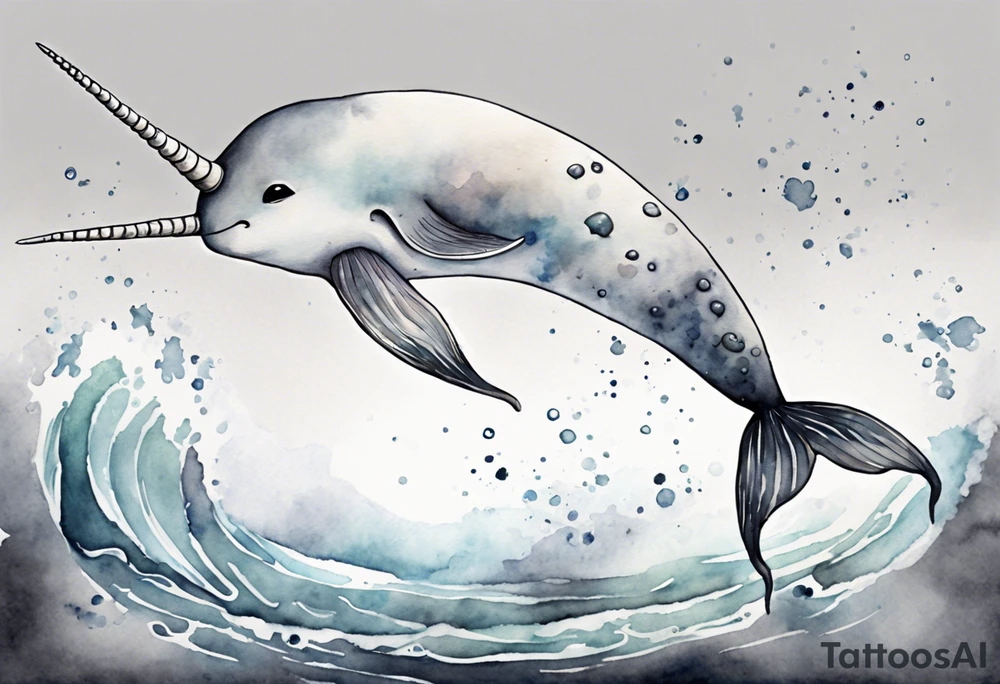 a melancholy watercolor painting of a realistic white narwhal swimming in a grey sea tattoo idea