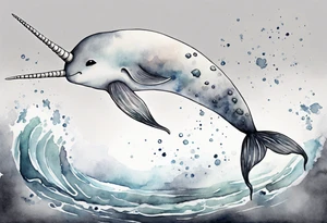 a melancholy watercolor painting of a realistic white narwhal swimming in a grey sea tattoo idea