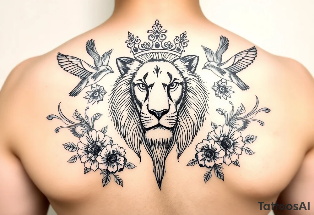 powerful majestic lion with a crown, surrounded by floral ornaments and birds tattoo idea
