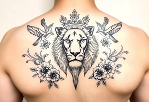 powerful majestic lion with a crown, surrounded by floral ornaments and birds tattoo idea