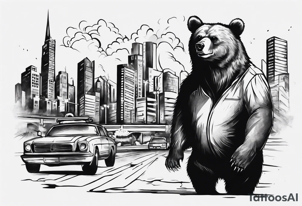 Serious bear coming up behind a city tattoo idea Serious bear coming up behind a city tattoo idea
