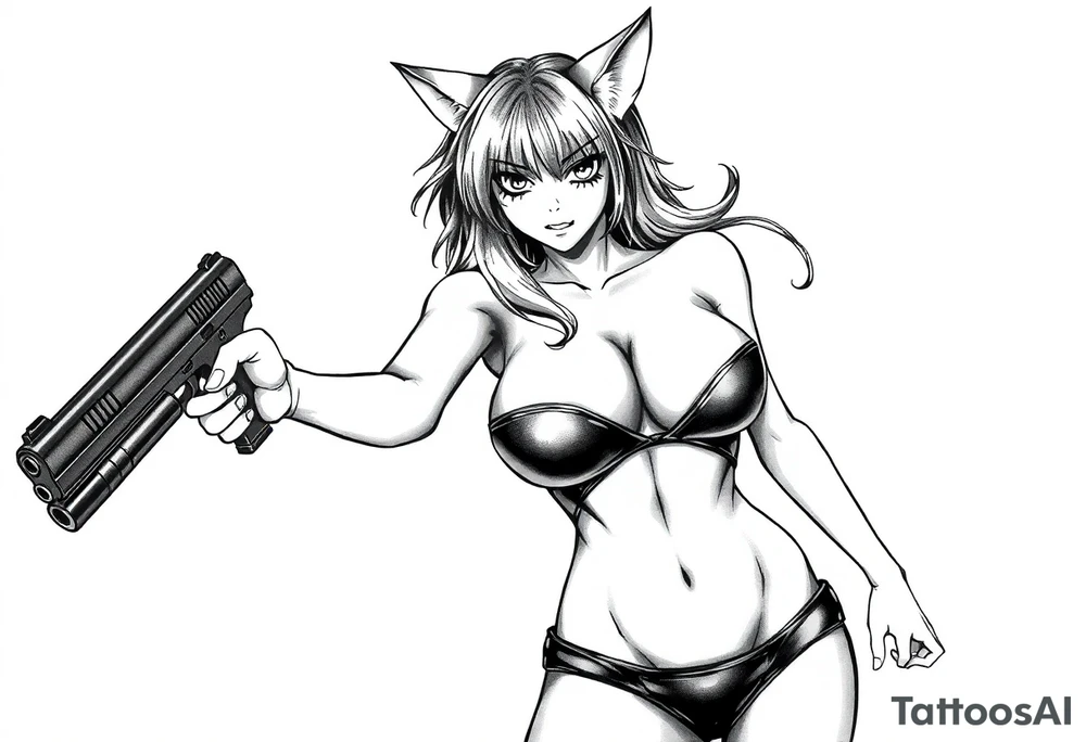 naked catgirl, slut, anime, holding gun, black, leather bikini, angry tattoo idea