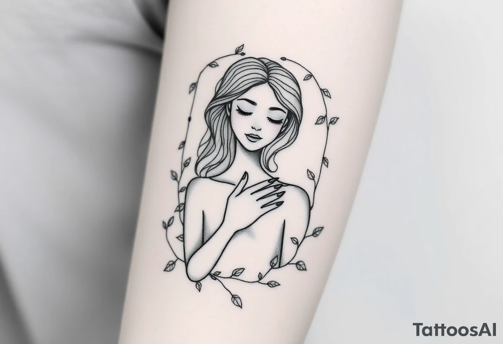 Fine line black and gray tattoo of a feminine figure symbolizing self-love and inner peace. The figure should be partially framed by delicate vines with soft, detailed leaves wrapping gently around her, representing growth and self-care. Her pose should be calm and confident, one hand touching her chest or necklace softly, expressing tenderness and connection with herself. Keep the composition poetic, balanced, and elegant, with refined linework and a serene, expressive face. Avoid cartoonish or overly realistic features — make it minimalist but soulful, almost like a modern illustration. The vines and frame should feel organic and flowing, not geometric. tattoo idea