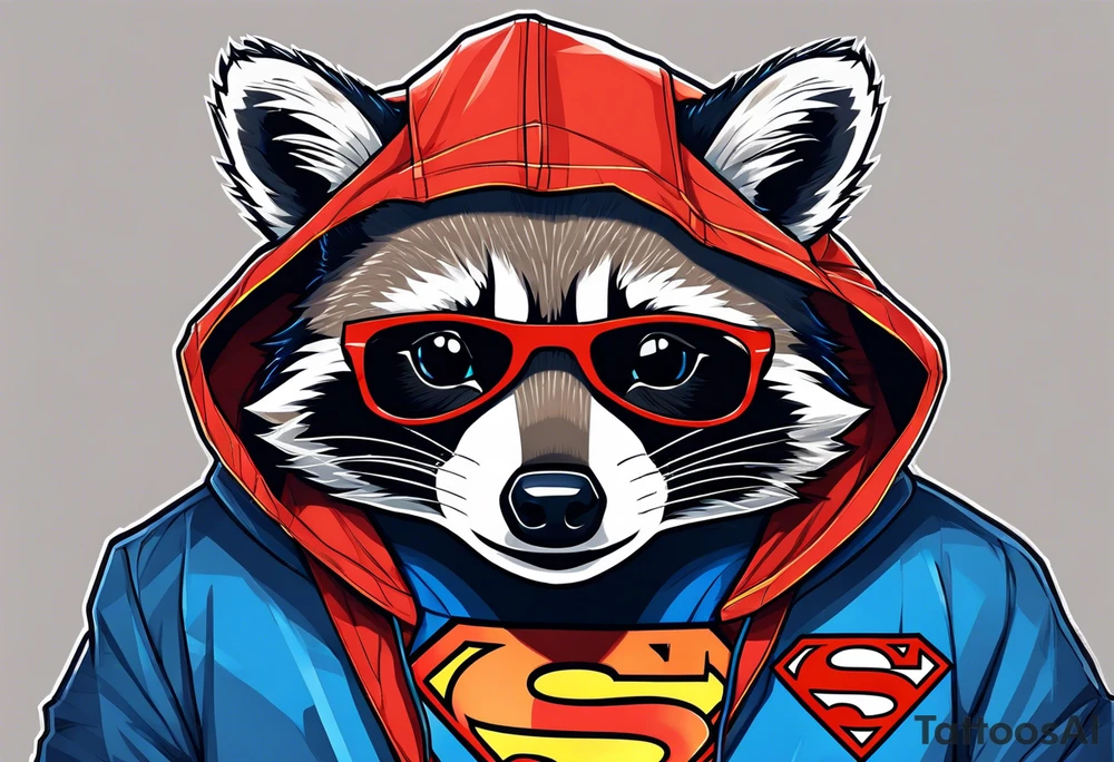 raccoon wearing a Superman hoodie tattoo idea