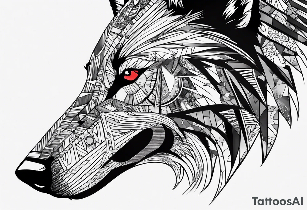 Abstract trash polka style tattoo with a wolf and the Roman Colosseum. tattoo idea