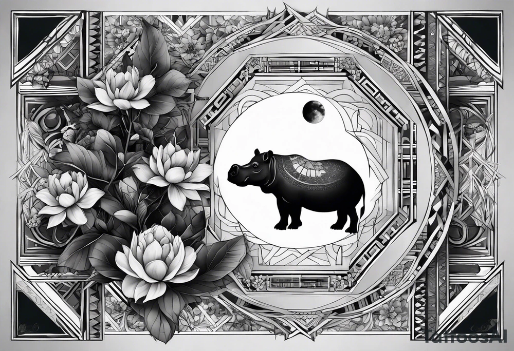 Very asymmetrical, +geometric pattern, with realistic full moon, with hippo at side look, +tribal, +geometric, +inkart , +blackwork, +grey scale, + sketch
with wintersweet flower bud, +inkart touch, +for men, detailed , combined favourite tattoo idea