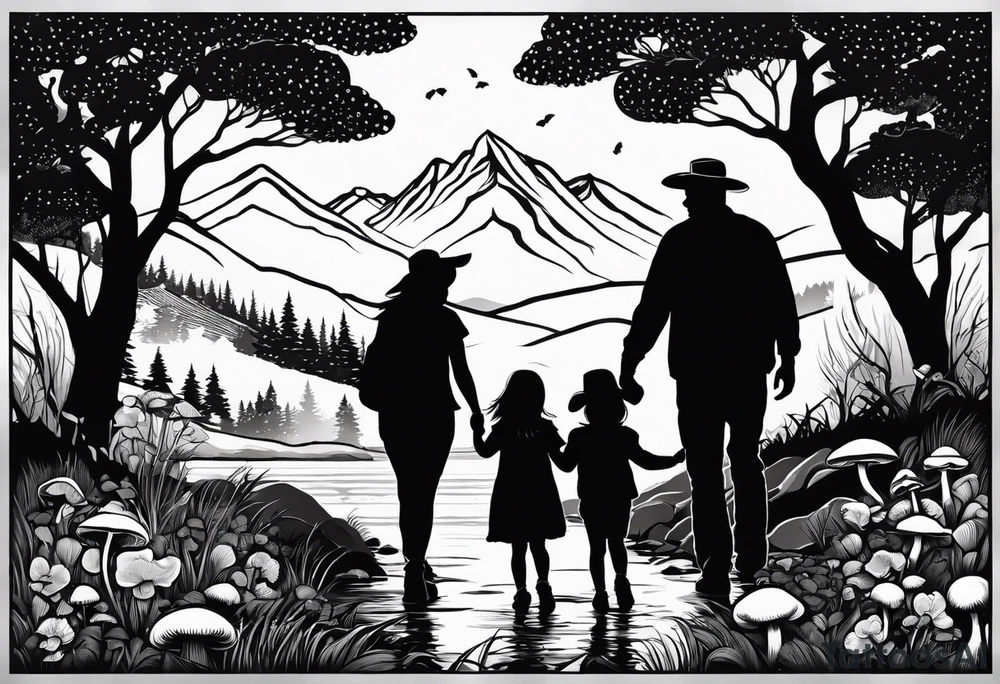 Family silhouette father, mother, son, older daughter, small daughter, foraging mushrooms with mountains and creek in background tattoo idea