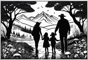 Family silhouette father, mother, son, older daughter, small daughter, foraging mushrooms with mountains and creek in background tattoo idea